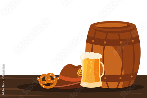 oktoberfest barrel glass hat and pretzel vector design