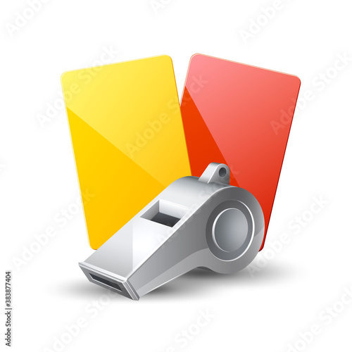 Vector realistic referee whistle red yellow cards