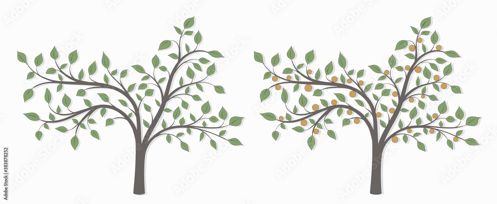 Obraz premium Drawing of a tree with green leaves and red fruit in two versions on a white background