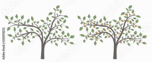 Drawing of a tree with green leaves and red fruit in two versions on a white background