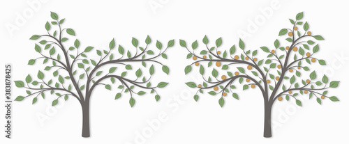Drawing of a tree with green leaves and red fruit in two versions on a white background