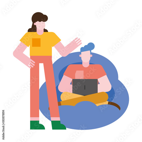 Woman and man with laptop on puf vector design