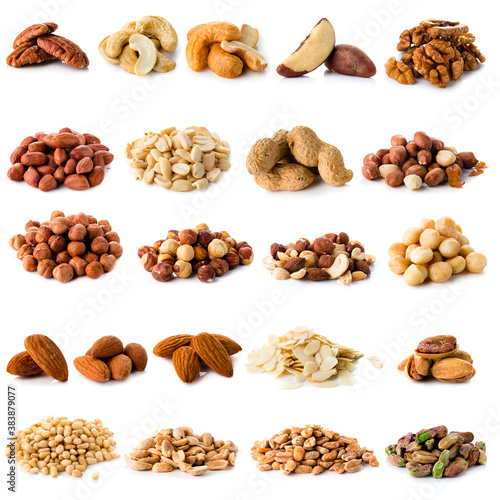 Set of Nuts Walnuts, Brazil Nut, Almond, cashew, Pine Nut peanuts, almonds, pistachios, pecans and walnuts collection Isolated on White Background