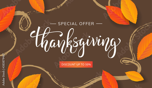 Thanksgiving banner lettering special offer autumn sale with orange leaves on brown background. Vector autumnal template