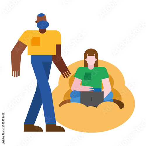 Woman and man with laptop on puf vector design