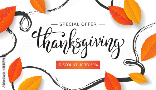 Thanksgiving Day discount banner design concept with beautiful lettering and orange leaves. - Vector illustration