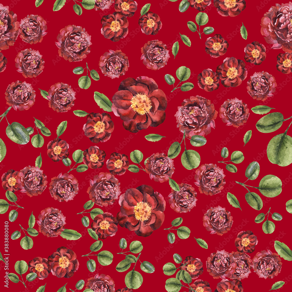 Seamless pattern with red peony. Hand drawn watercolor illustration on red background Seamless pattern with red peony. Hand drawn watercolor illustration on red background