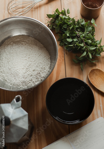 baking ingredients for bread with basil 