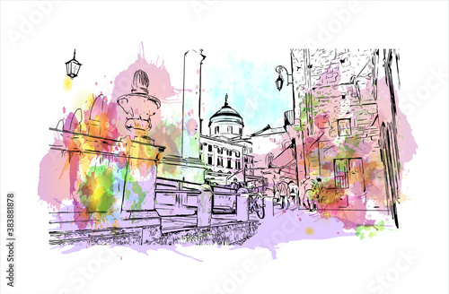 Building view with landmark of Bergamo is a city in the alpine Lombardy region of northern Italy. Watercolor splash with hand drawn sketch illustration in vector.