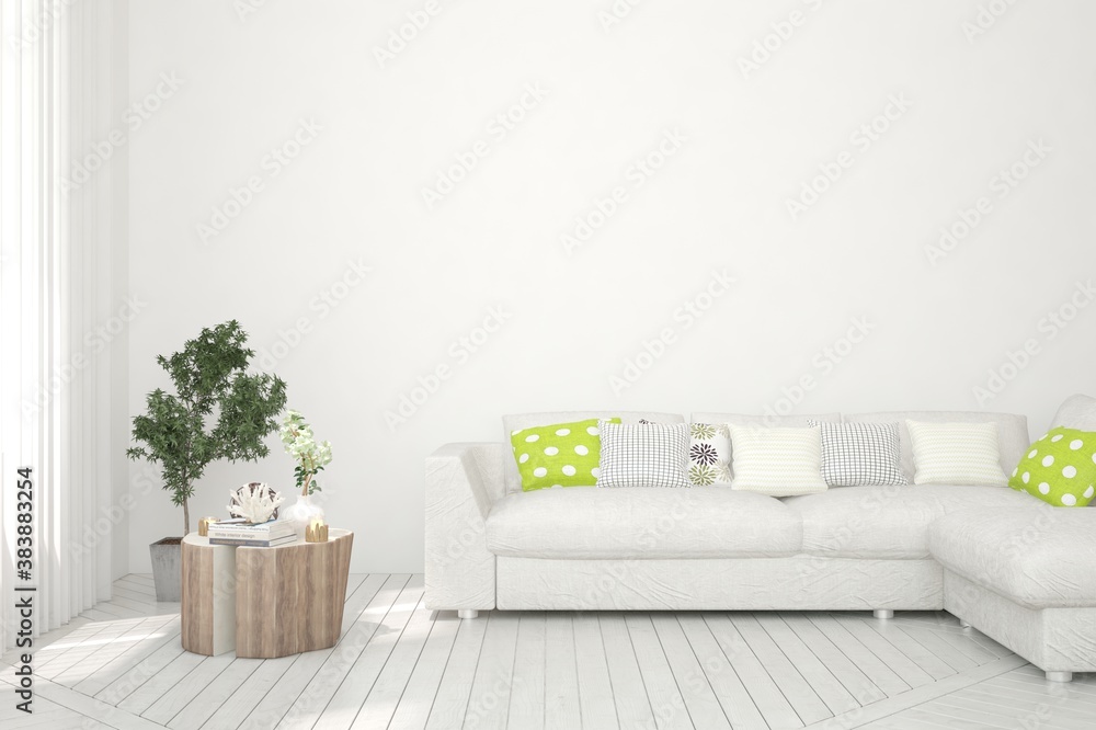 Naklejka premium White living room with sofa. Scandinavian interior design. 3D illustration