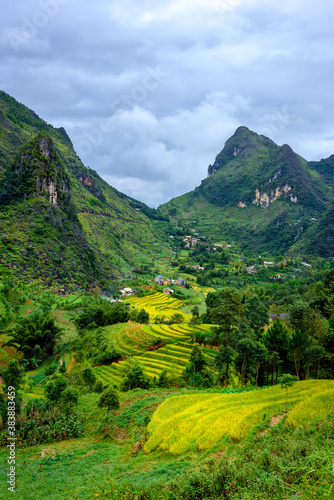 Landscape of village with terraced rice fields in Ma Le, Dong Van district, Vietnam