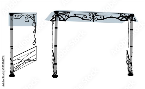 SKETCH of forged metal elements with antique ornaments. Artistic forging forged stair railing visor