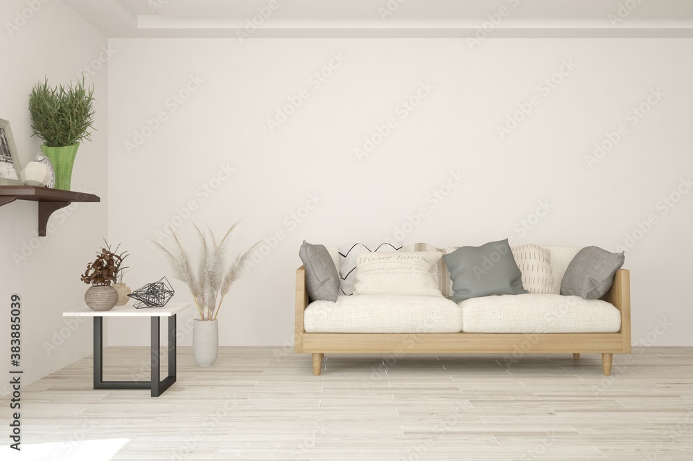 Fototapeta premium White living room with sofa. Scandinavian interior design. 3D illustration