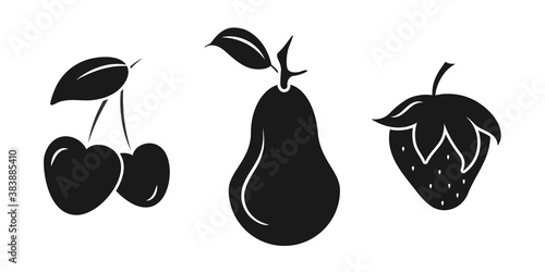 Set of icons in black. Garden fruits white stroke silhouettes. Hand drawn images