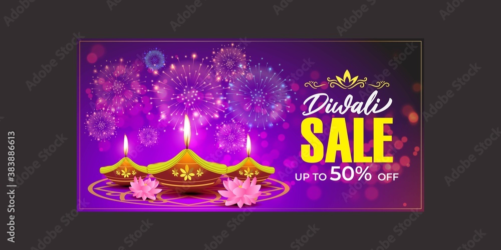 Diwali Festive Season Sale banner, 50% off,  on beautiful bokeh backgrund. Dipawali, Indian festival, diya lamp, oil lamp, colorful bokeh background, vector illustration offer banner, advertisement