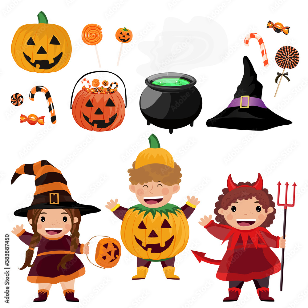 Set. Halloween Party. Group of kids in halloween costume. Vector illustration. Set. Halloween Party. Group of kids in halloween costume. Vector illustration.