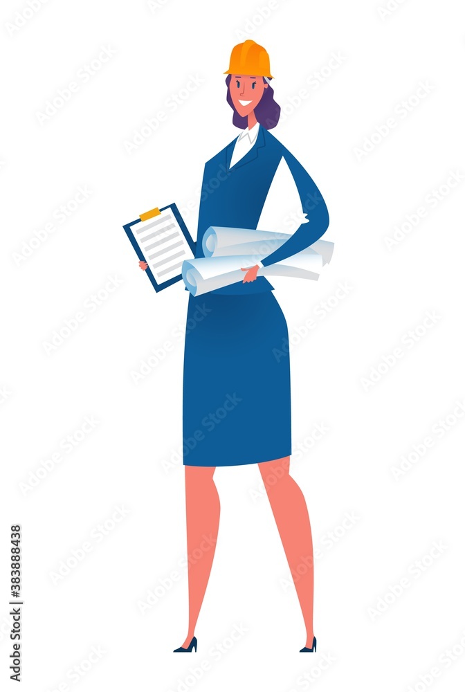 Woman Engineer is Standing and Smiling. Vector Illustration of a Girl in a Yellow Helmet With a Tablet and Rolls of Paper. Woman Engineer is Standing and Smiling. Vector Illustration of a Girl in a Yellow Helmet With a Tablet and Rolls of Paper.