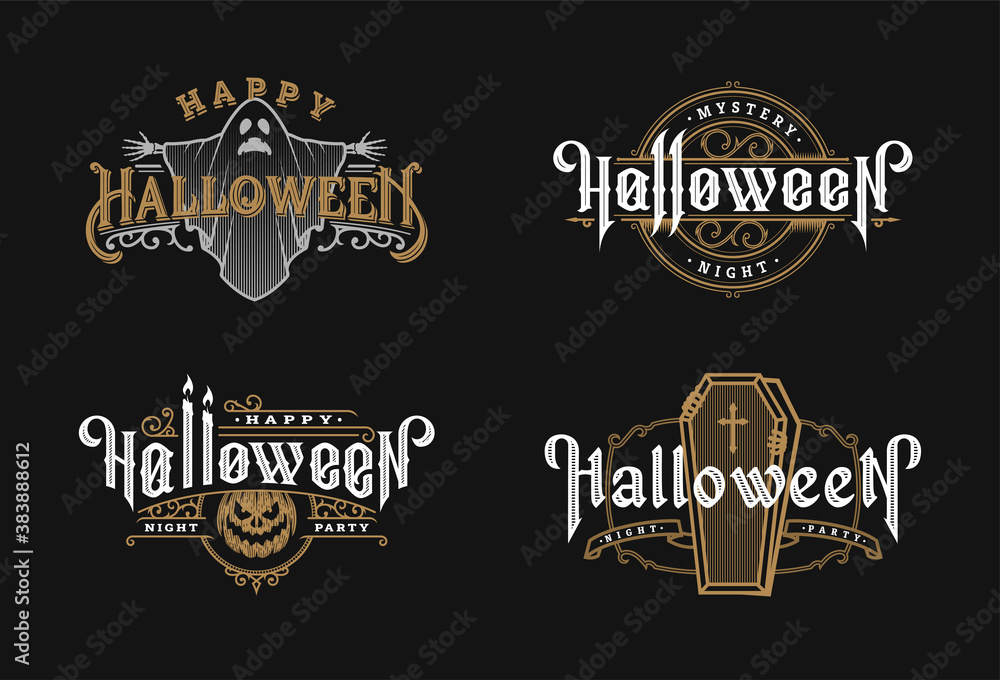 Halloween night, set of vintage style emblems on dark background. Vector illustration.