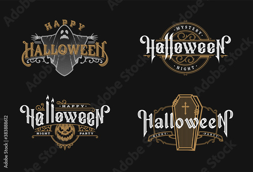 Halloween night, set of vintage style emblems on dark background. Vector illustration.