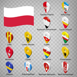Sixteen flags the Provinces of Poland - alphabetical order with name. Set of 3d geolocation signs like flags Provinces of Poland. Sixteen 3d geolocation signs for your design. EPS10. 