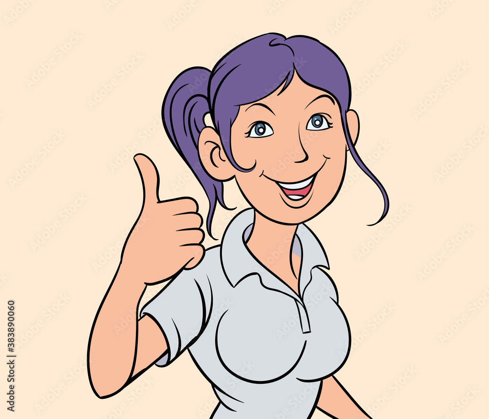A woman smiling with a thumbs showing satisfaction. hand drawn style vector design illustrations. A woman smiling with a thumbs showing satisfaction. hand drawn style vector design illustrations.