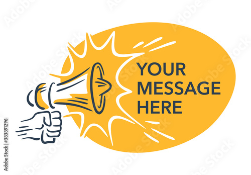 Loudspeaker in hand-drawn style and yellow copy space - isolated illustration for anouncement, broadcasting, hot news or other message types