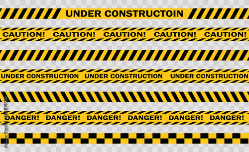 Vector black and yellow police stripe border. Set of danger caution seamless tapes. Art design crime line for restriction and dangerous zones. © Даша Рябець