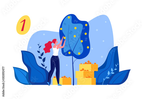Harvesting in the garden. The gardener character collects and places fruits from trees in boxes. Vector flat cartoon illustration.
