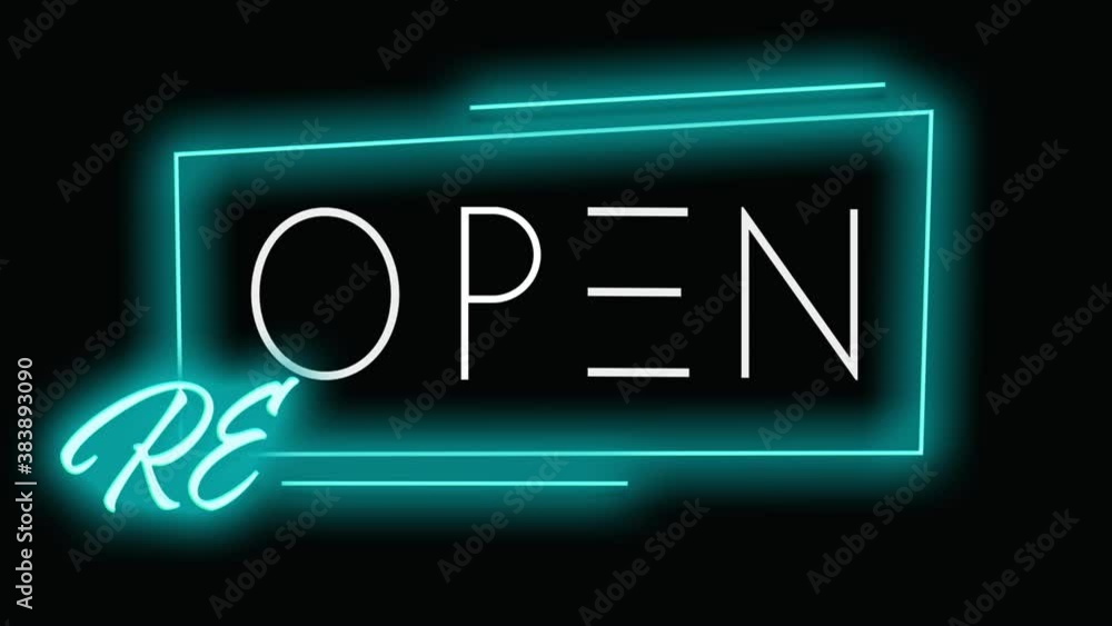 Blue neon frame with glowing re open text on black background. HD animation. Shop reopening concept
Blue neon frame with glowing re open text on black background. HD animation. Shop reopening concept