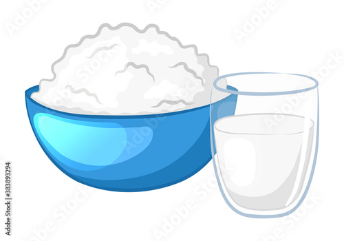 Homemade cottage cheese in bowl and fresh milk in glass cup. Isolated dairy products on a white background. Cartoon style. Vector illustration.