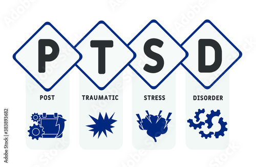 PTSD - Post Traumatic Stress Disorder   acronym, medical concept background. vector illustration concept with keywords and icons. lettering illustration with icons for web banner, flyer, landing page
