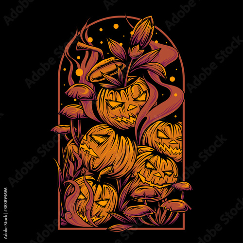 Scary pile of halloween pumpkins with grave peg frames