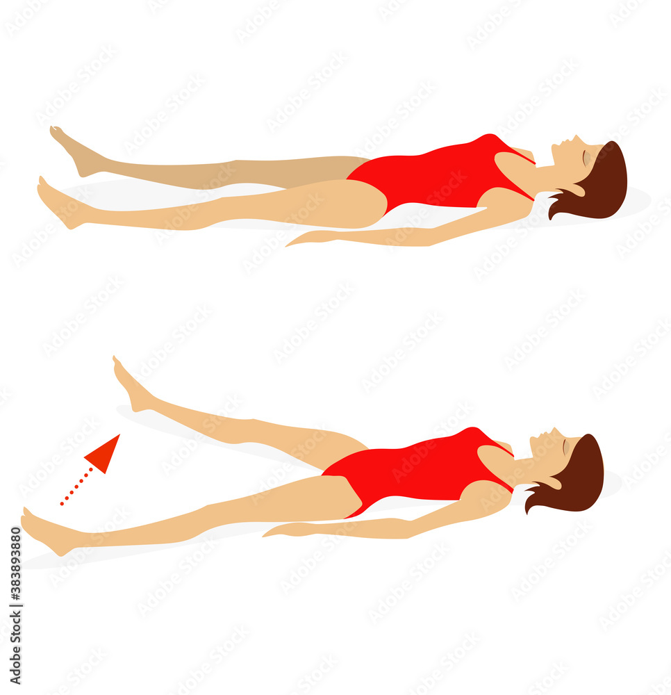 Girl in a swimsuit lying  on the floor does exercises to strengthen the muscles of the abdominal press, back and legs. Vector illustration isolated on white background