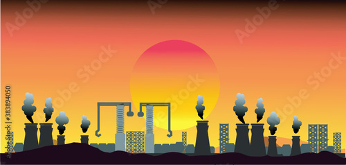 silhouette of a large industrial factory on orange sunset background. Sources of air pollution The concept of global warming.