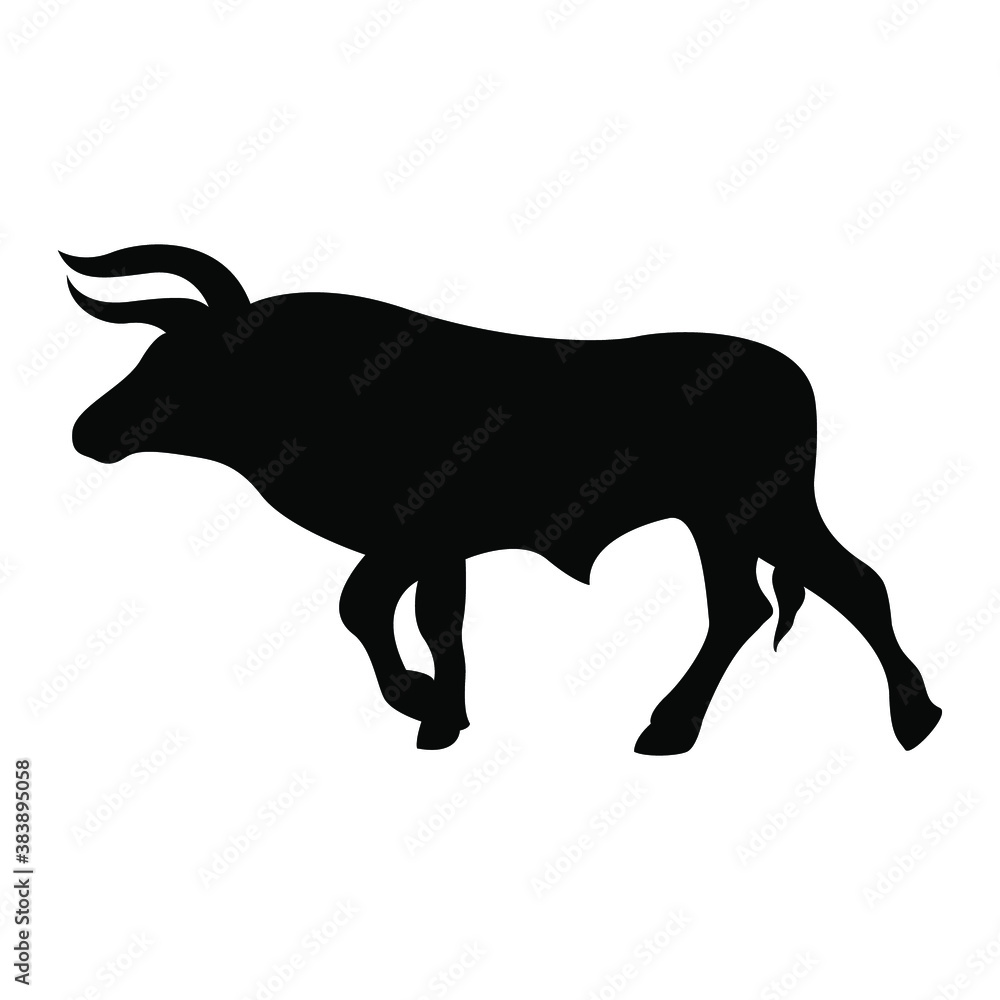 Vector silhouette of a bull with long horns, drawing of a horned animal. Livestock, bull in a calm pose. The bull as a symbol of 2021. Bull logo.