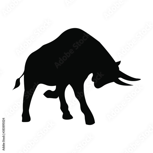 Vector silhouette of a bull, drawing of a horned animal. Livestock, Spanish bull in attack posture. The bull as a symbol of 2021. Bull logo.