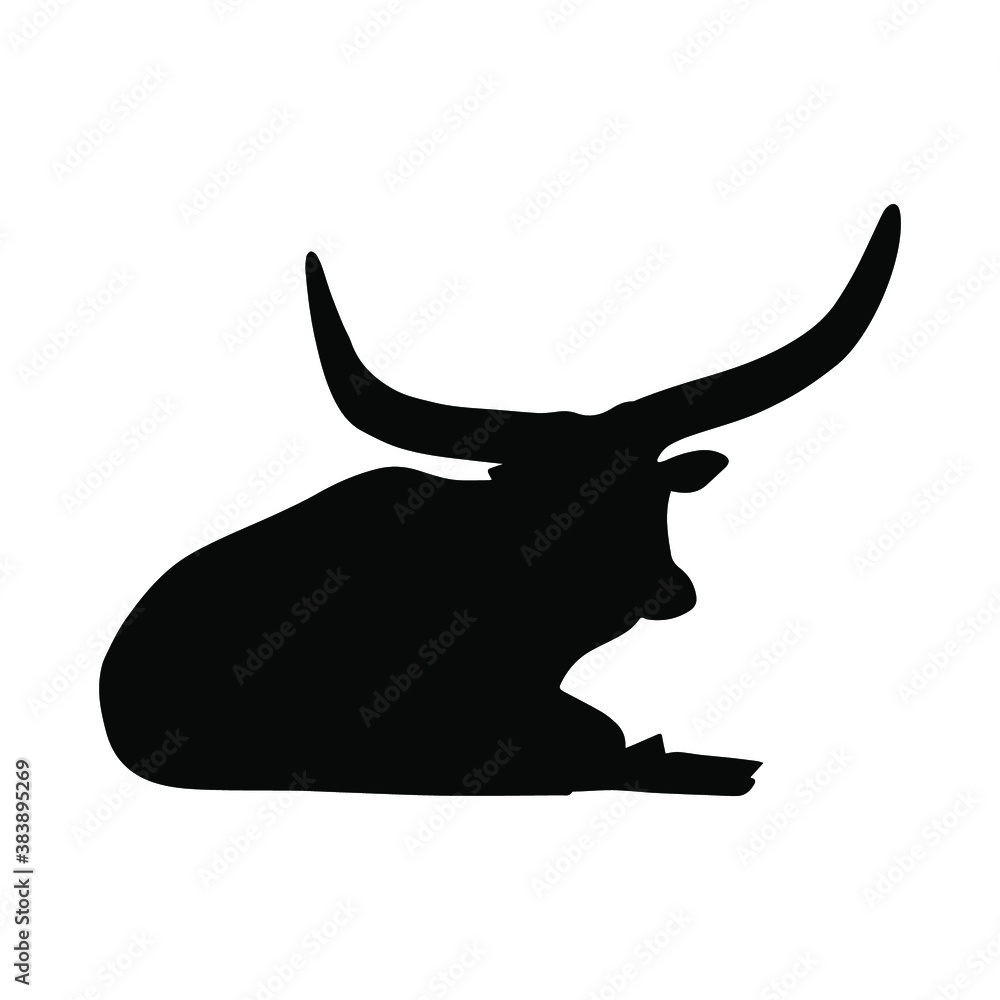 Fototapeta premium Vector silhouette of a bull. Pet. Silhouette of cattle. The animal is lying. Wild bull 2021. Vector print of an animal with long horns.