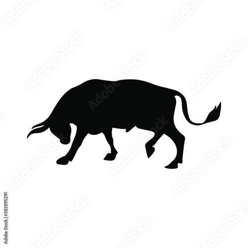 Vector silhouette of a bull. Wild animal. Silhouette of cattle. Animal in an attacking pose, emotion of aggression. Wild bull 2021, rodeo. Vector print of an animal with horns.