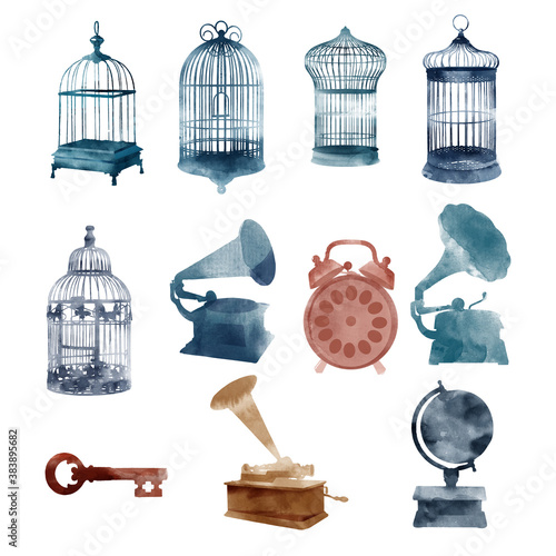 Watercolor vector vintage objects.
