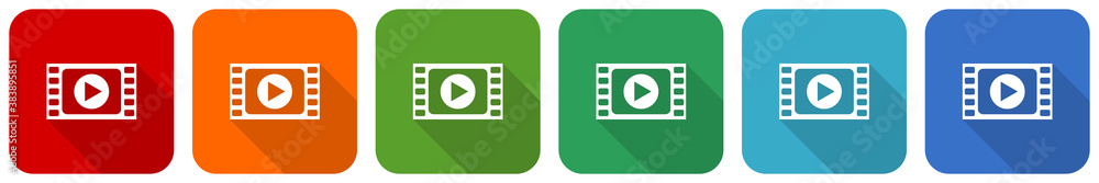 Video icon set, flat design vector illustration in 6 colors options for webdesign and mobile applications Video icon set, flat design vector illustration in 6 colors options for webdesign and mobile applications