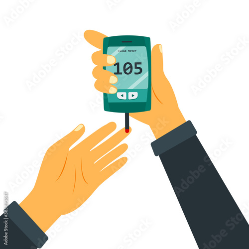 Blood glucose test illustration. Daiabetes blood test, man holding glucometer. Medical equipment Flat illustration