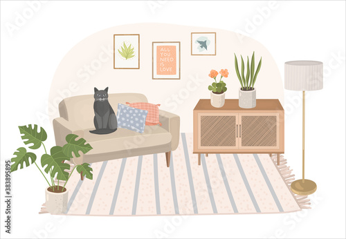 Modern home interior with sofa, credenza, rug, floor lamp, house plants and sitting cat. Cosy living room vector illustration