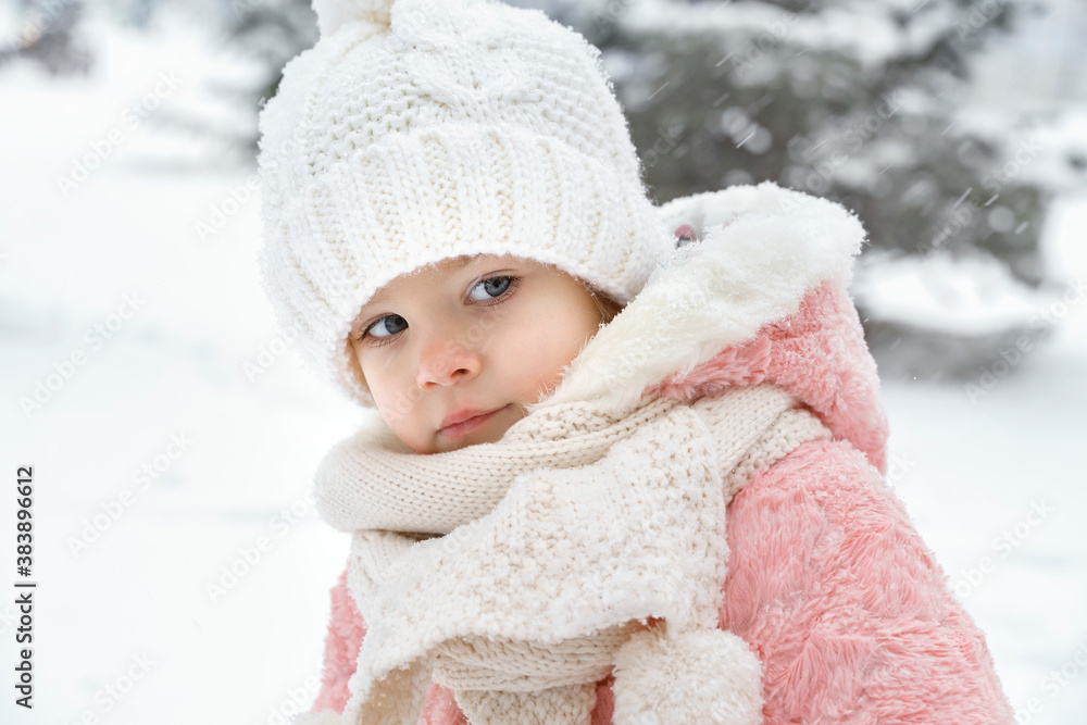 beautiful little girl in a white hat and scarf seriously looking at the camera in the snow beautiful little girl in a white hat and scarf seriously looking at the camera in the snow