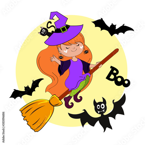 Halloween flying little witch with bats. Vector illustration of a little girl in a Halloween costume isolated