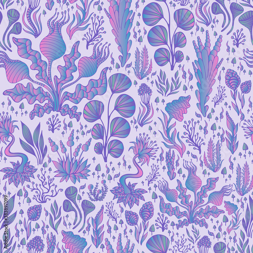 Colorful decorative fantasy plants seamless pattern  gradient pink blue color  isolated on lilac background.