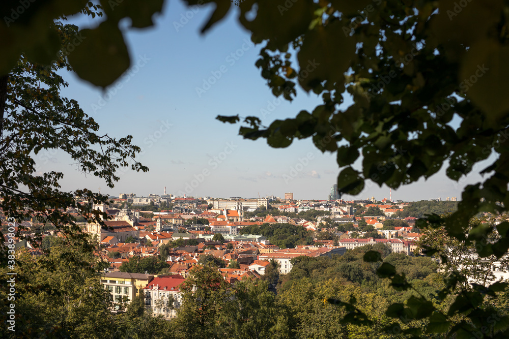 View of Vilnius city houses in Lithuania from the top of the hill of the Three Crosses