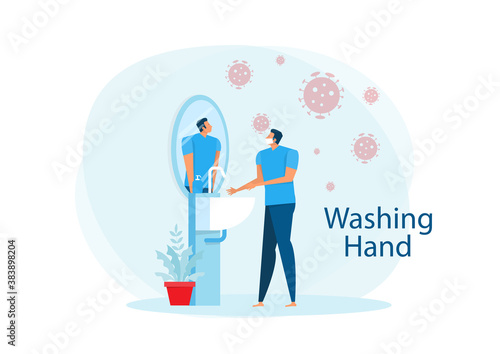 A man wearing medical mask and washing his hands in the sink concept vector illustration.