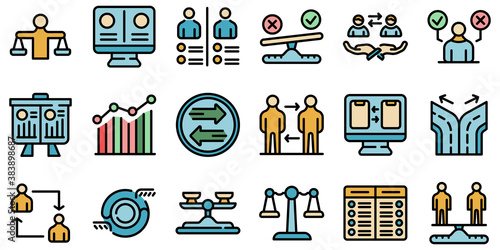 Comparison icons set. Outline set of comparison vector icons thin line color flat on white