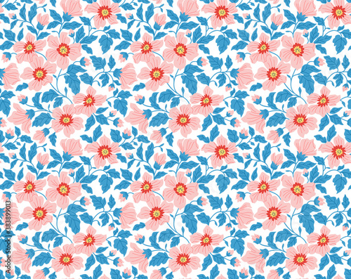 Elegant floral pattern in small coral flowers and blue leaves. Liberty style. Floral background for fashion prints. Ditsy print. Seamless vector texture. Spring bouquet.