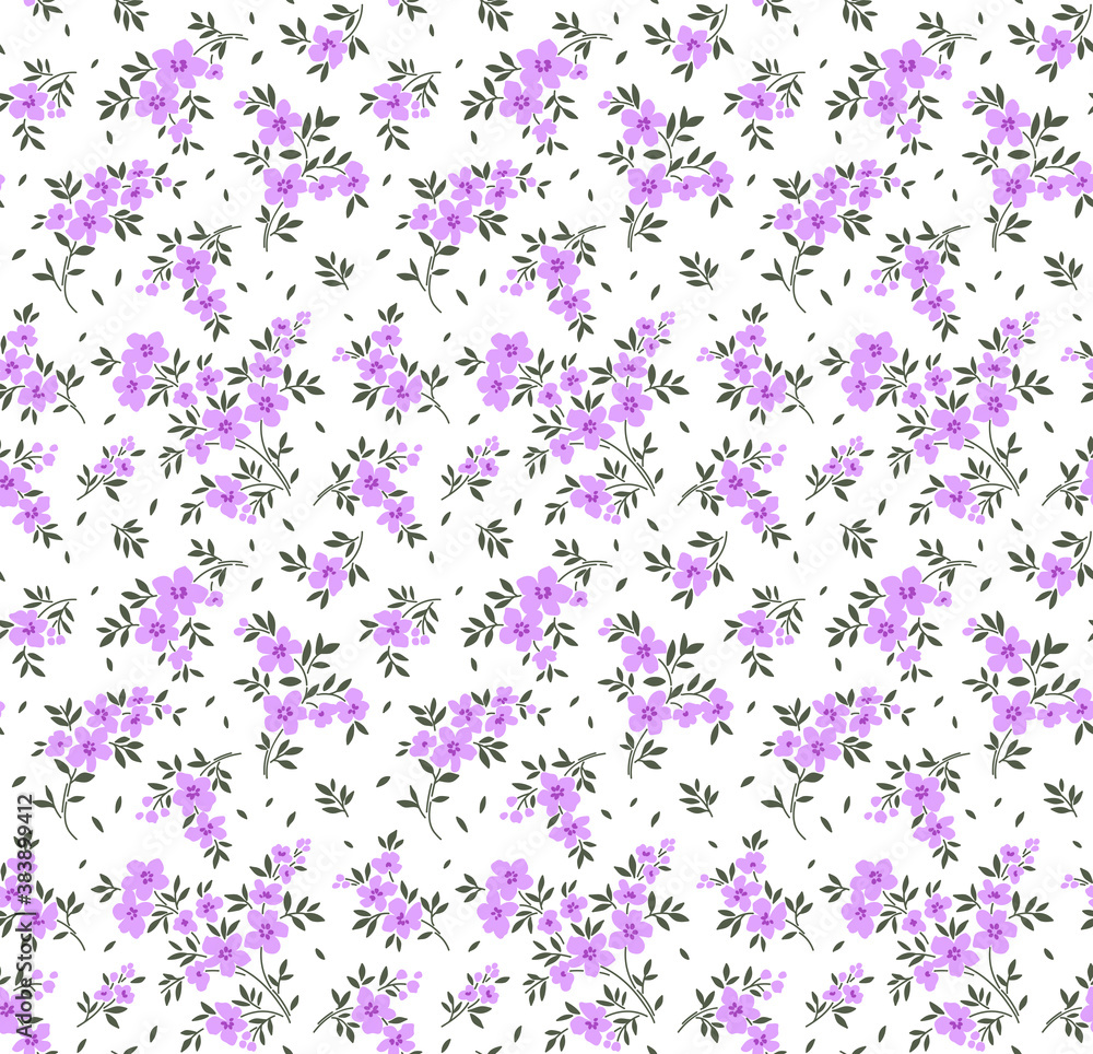 Floral pattern. Pretty flowers on white background. Printing with small lilac flowers. Ditsy print. Seamless vector texture. Spring bouquet.